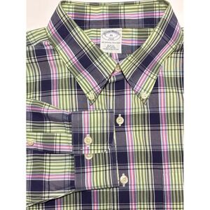 Brooks Brothers Button Down Mens XL Green Plaid 346 Slim Fit Non-Iron Cotton LS